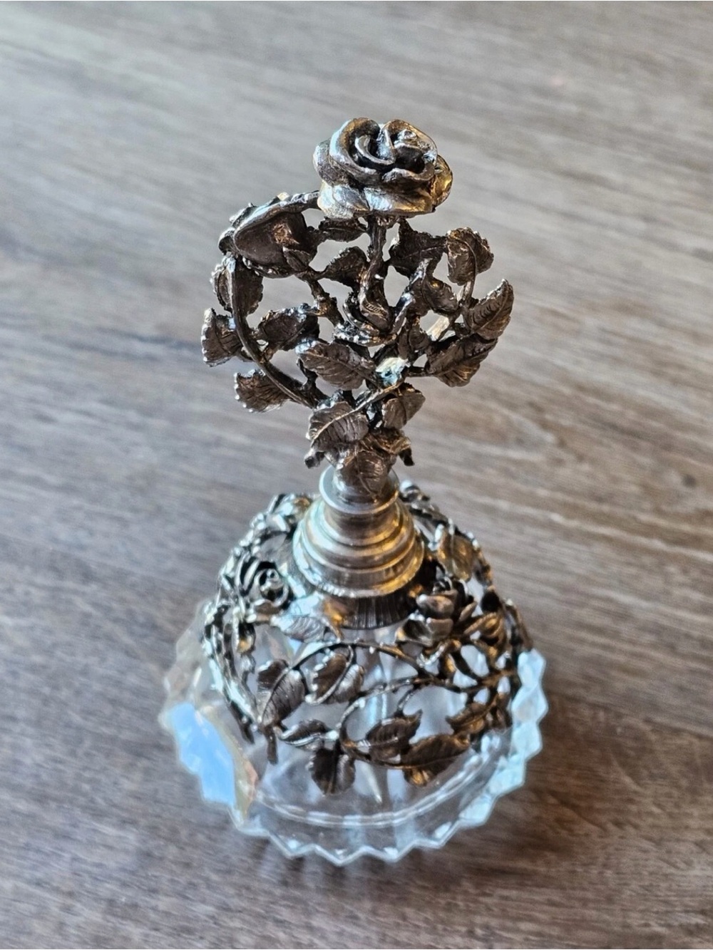 Vintage Ornate filigree metal rose and crystal Matson Perfume Bottle